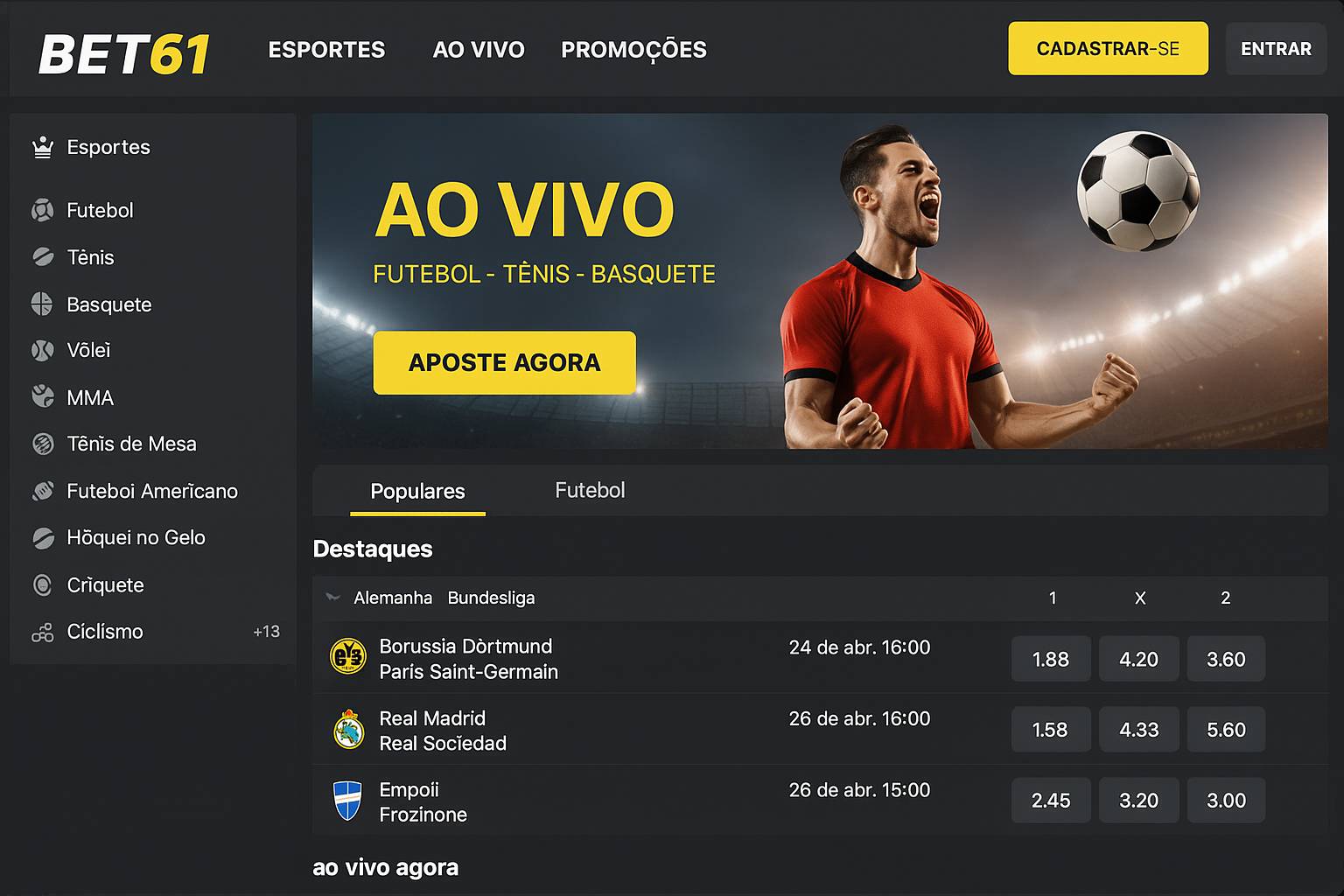 Aposte em apostas esportivas no cassino online BET61